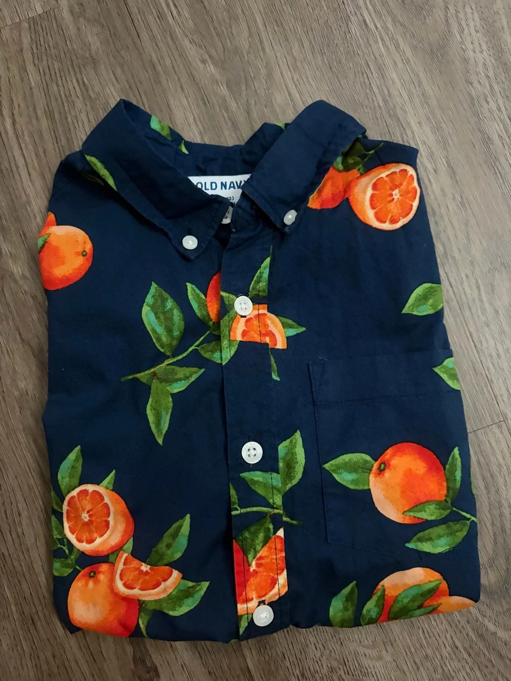 Old Navy Boys' Navy Orange Print Short-Sleeve Button-Up Beach Shirt